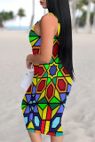 Blue Sexy Geometric Print Contrast U Neck Printed Dresses