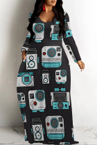 Black Casual Geometric Print Pocket Contrast O Neck Printed Dresses