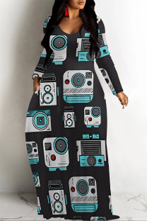 Black Casual Geometric Print Pocket Contrast O Neck Printed Dresses