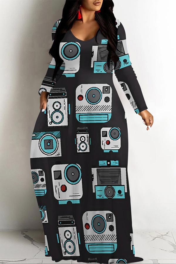 Black Casual Geometric Print Pocket Contrast O Neck Printed Dresses