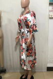 White Casual Print Patchwork Strap Design Cardigan Collar Shirt Dresses