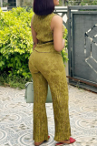 Brown Green Casual Patchwork O Neck Sleeveless Two Pieces