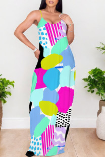 Turquoise Sexy Graffiti Print Pocket Contrast V Neck Printed Dresses