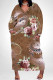 Brown Elegant Floral Print Pocket Contrast V Neck Printed Plus Size Dresses