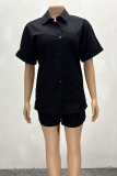 Black Casual Solid Color Buckle Patchwork Turndown Collar Short Sleeve Two Pieces