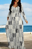 White Orange Casual Geometric Print Pocket Contrast O Neck Printed Dresses