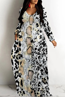 Snake Print Casual Zebra Print Snakeskin Print Pocket Contrast O Neck Printed Dresses