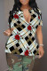 Lake Blue Casual Plaid Flowers Contrast V Neck T-Shirts