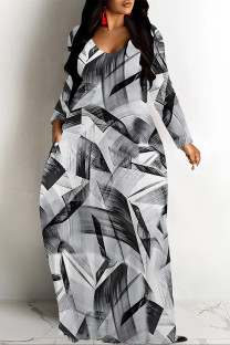 Black Gray Casual Geometric Print Pocket Contrast O Neck Printed Dresses
