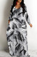 Black Gray Casual Geometric Print Pocket Contrast O Neck Printed Dresses