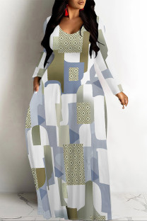 White Blue Casual Geometric Print Pocket Contrast O Neck Printed Dresses