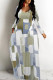 White Blue Casual Geometric Print Pocket Contrast O Neck Printed Dresses
