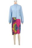 Blue Casual Print Buckle Patchwork Button Collar Long Dresses