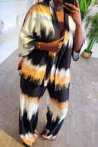 Gradient Color Casual Gradient Color Patchwork Slit Cardigan Collar Three Quarter Two Pieces