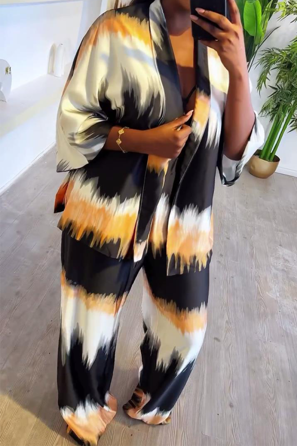Gradient Color Casual Gradient Color Patchwork Slit Cardigan Collar Three Quarter Two Pieces
