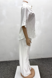 White Casual Solid Color Pocket Buckle Turndown Collar Half Sleeve Two Pieces