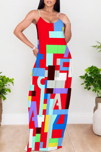 Red Sexy Geometric Print Pocket Contrast V Neck Printed Dresses
