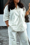 White Casual Solid Color Pocket Buckle Turndown Collar Half Sleeve Two Pieces