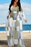 White Orange Casual Geometric Print Pocket Contrast O Neck Printed Dresses