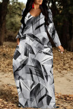 White Orange Casual Geometric Print Pocket Contrast O Neck Printed Dresses