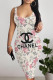 Apricot Sexy Letter Print Flowers Contrast U Neck Printed Dresses