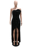Black Sexy Party Formal Solid Color Sequins Slit Irregular Strapless Long Dresses