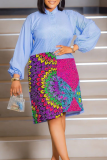 Blue Casual Print Buckle Patchwork Button Collar Long Dresses