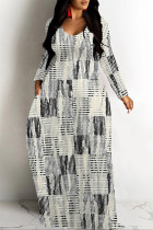 Gray Apricot Casual Geometric Print Pocket Contrast O Neck Printed Dresses