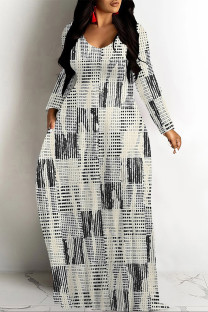 Gray Apricot Casual Geometric Print Pocket Contrast O Neck Printed Dresses