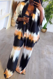 Gradient Color Casual Gradient Color Patchwork Slit Cardigan Collar Three Quarter Two Pieces