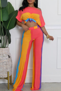 Rainbow Color Casual Colorblock Patchwork Oblique Collar Short Sleeve Two Pieces