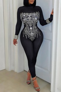 Black Sexy Nightclub Solid Color Hot Drill Turtleneck Skinny Jumpsuits