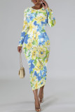 Black Elegant Floral Print Contrast O Neck Printed Dresses
