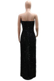 Black Sexy Party Formal Solid Color Sequins Slit Irregular Strapless Long Dresses