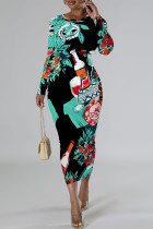 Black Green Elegant Graffiti Print Butterfly Contrast O Neck Printed Dresses