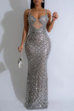 Grey Sexy Party Formal Patchwork Sequins Backless Spaghetti Strap Long Dresses