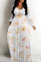 White Orange Casual Geometric Print Pocket Contrast O Neck Printed Dresses