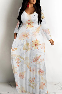 White Orange Casual Geometric Print Pocket Contrast O Neck Printed Dresses