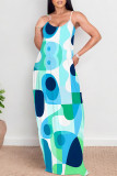 Green Blue Sexy Graffiti Print Pocket Contrast V Neck Printed Dresses