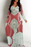 Lake Blue Casual National Totem Print Pocket Contrast O Neck Printed Dresses
