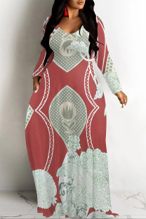 Red Casual National Totem Print Pocket Contrast O Neck Printed Dresses