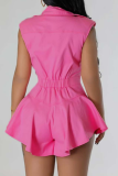 Pink Sexy Solid Color Buckle Patchwork Turndown Collar Boot Cut Rompers