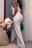 White Casual Solid Color Buttons Turndown Collar Sleeveless Two Pieces