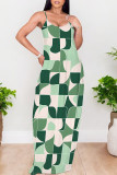 Green Blue Sexy Graffiti Print Pocket Contrast V Neck Printed Dresses