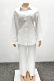 White Casual Solid Color Buckle Patchwork Shirt Collar Long Sleeve Two Pieces