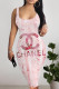 Pink Sexy Letter Print Flowers Contrast U Neck Printed Dresses