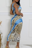 Blue Sexy Print Patchwork Oblique Collar Long Dresses