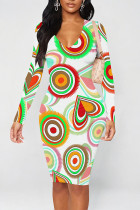 White Elegant Graffiti Print Contrast V Neck Printed Dresses