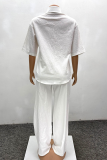 White Casual Solid Color Pocket Buckle Turndown Collar Half Sleeve Two Pieces