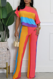 Rainbow Color Casual Colorblock Patchwork Oblique Collar Short Sleeve Two Pieces